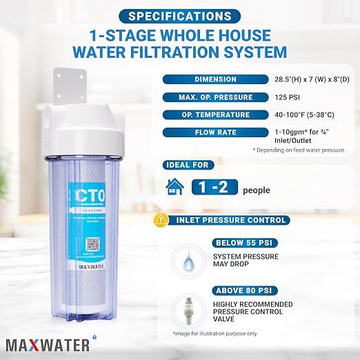 Max Water Whole House Water Filter Housing, 1 Stage 10 inch Housing for Under Sink Reverse Osmosis Water Filtration System, with CTO Carbon Filters Pre Aquarium Boiler RO Odor - Reducer (1 Stage CTO)