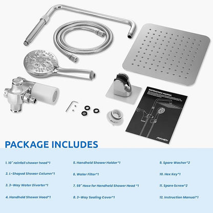 Ryamen Upgraded Dual Shower Heads Combo, 10 inch Filtered Shower Head with Handheld, 3-Way Rain Shower Head with Filters, 7 Settings Handheld Spray, High Pressure, Height Adjustable (Silver)