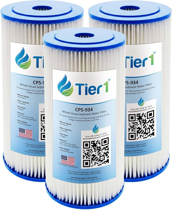 Tier1 5 Micron 10 x 4.5 Water Filter | Pleated Polyester Whole House Sediment Filter Cartridge | Replacement for Pentek CP5-BB, Culligan CP5-BBS-D, CP5-934, W5CPHD | 4.5 x 10 Water Filter (3-Pack)