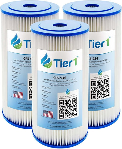 Tier1 5 Micron 10 x 4.5 Water Filter | Pleated Polyester Whole House Sediment Filter Cartridge | Replacement for Pentek CP5-BB, Culligan CP5-BBS-D, CP5-934, W5CPHD | 4.5 x 10 Water Filter (3-Pack)