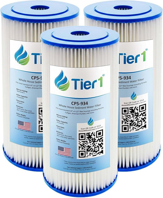 Tier1 5 Micron 10 x 4.5 Water Filter | Pleated Polyester Whole House Sediment Filter Cartridge | Replacement for Pentek CP5-BB, Culligan CP5-BBS-D, CP5-934, W5CPHD | 4.5 x 10 Water Filter (3-Pack)