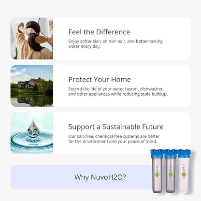 NuvoH2O Advanced 3-Stage Citrus-Based, Salt-Free Water Filter System + Water Softener with Iron and Sediment Filtration – Healthy & Pure Water – Removes Scale (Whole Home Trio System)