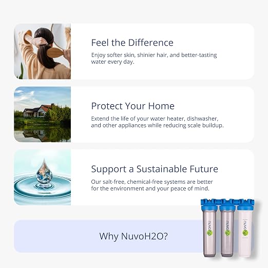 NuvoH2O Advanced 3-Stage Citrus-Based, Salt-Free Water Filter System + Water Softener with Carbon and Iron Filtration – Healthy & Pure Water – Removes Scale (Whole Home Trio System)