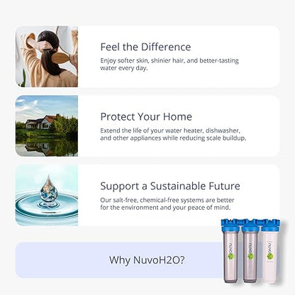 NuvoH2O Advanced 3-Stage Citrus-Based, Salt-Free Water Filter System + Water Softener with Chloramine and Iron Filtration – Healthy & Pure Water – Removes Hard Water Build Up (Whole Home Trio System)
