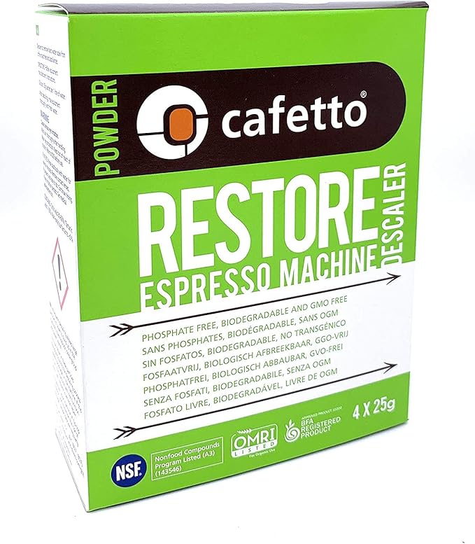 Cafetto Restore Espresso Machine Descaler, Coffee Machine Cleaning Powder for Use In Organic Systems (4 Single Use Packets)
