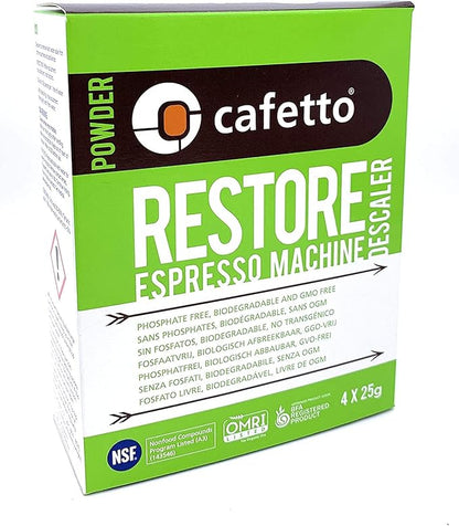 Cafetto Restore Espresso Machine Descaler, Coffee Machine Cleaning Powder for Use In Organic Systems (4 Single Use Packets)