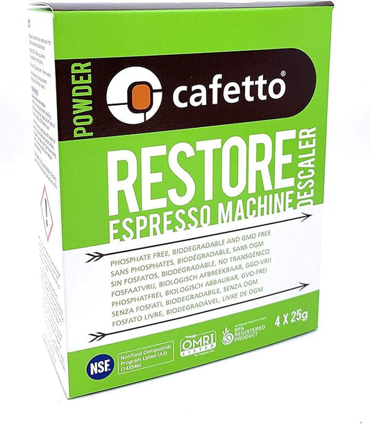Cafetto Restore Espresso Machine Descaler, Coffee Machine Cleaning Powder for Use In Organic Systems (4 Single Use Packets)