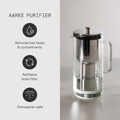 Aarke Purifier Regular Glass Pitcher Bundle w/Steel Filter, BPA-Free, 4 Pure Refill Granules - Filters Heavy Metals, 2.4L Pitcher with 1.18L Filtration Capacity