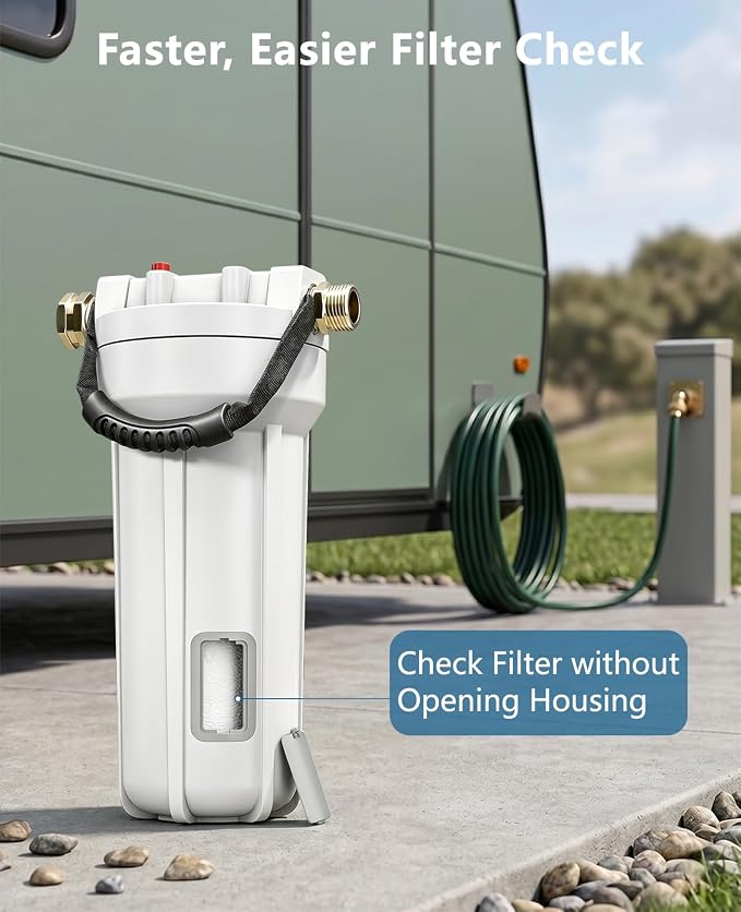 4-Layer Filtration RV Water Filter with Cartridge Inspection Window | Replaceable Filter, Anti-Tip Stand, Metal-to-Metal Threads, Removes Chlorine, PFAS, Heavy Metals, VOCs, Bad Taste, and Odor