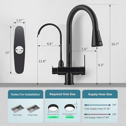 Kitchen Faucet with Water Filter Faucet, Black Stainless Steel Drinking Water Faucet, High Arc 2 Handle Kitchen Sink Faucet with Pull Down Sprayer for Kitchen Sink Farmhouse Bar