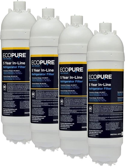 EcoPure EPINL30 5-Year In-Line Refrigerator Water Filter, Universal Fit for Most Fridges, Ice Makers, RVs & Boats, Reduces Chlorine Taste & Odor – Easy DIY Install with 1/4" Fittings (Pack of 4)