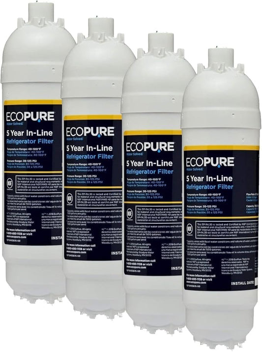 EcoPure EPINL30 5-Year In-Line Refrigerator Water Filter, Universal Fit for Most Fridges, Ice Makers, RVs & Boats, Reduces Chlorine Taste & Odor – Easy DIY Install with 1/4" Fittings (Pack of 4)