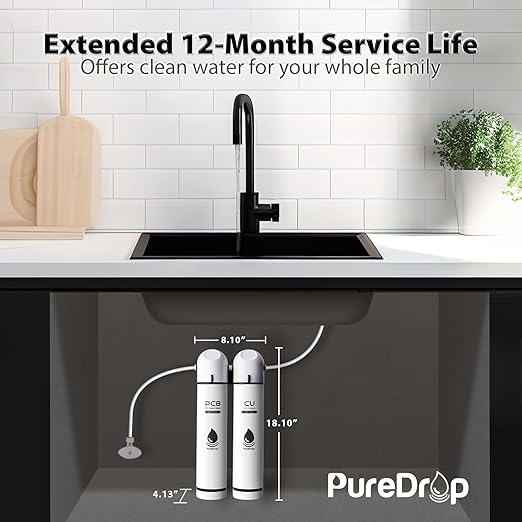 PureDrop PDR-16KUF2 0.01 μm Ultra Filtration Under Sink Water Filter, High Capacity 2-Stage Under Sink Filtration System, Reduces Chlorine, Bad Taste & Odor, 16K Gallons