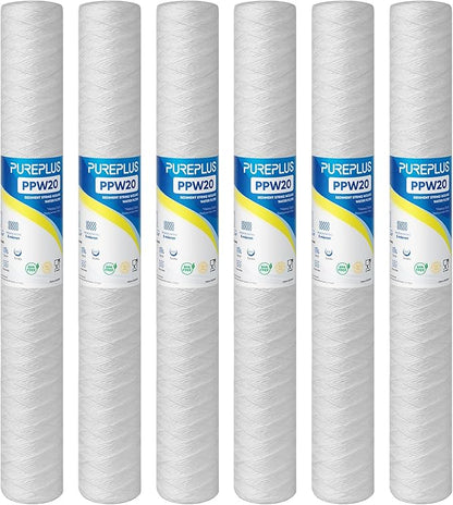 PUREPLUS 5 Micron 2.5" x 20" Whole House String Wound Sediment Filter for Well Water, Replacement Cartridge for Aqua Pure AP110-2C, Pentek P1-20/SP-P1-20/PX01-20, WPP-F20-5, 6Pack