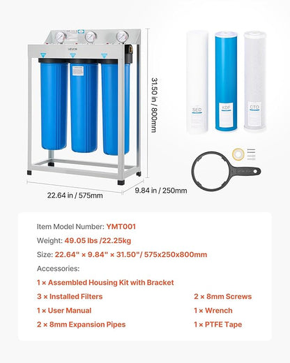 VEVOR Whole House Water Filter System, 3-Stage | Sediment, KDF, CTO | 4.5" x 20" Home Water Purifier Filter Reduce Heavy Metal, Lead, Mercury, Chlorine, Bad Taste, Odor, Rust