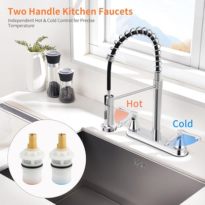 HOMELODY 2 Handles Kitchen Faucet with Pull Down Sprayer for 3 Hole Sink, 360° Rotating Spout Commercial 2 Handle Stainless Steel Kitchen Faucets with Deck Plate Chrome