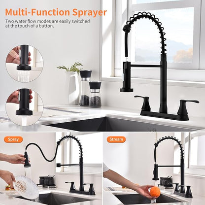 HOMELODY 2 Handles Kitchen Faucet with Pull Down Sprayer for 3 Hole Sink, 360° Rotating Spout Commercial 2 Handle Stainless Steel Kitchen Faucets with Deck Plate Black