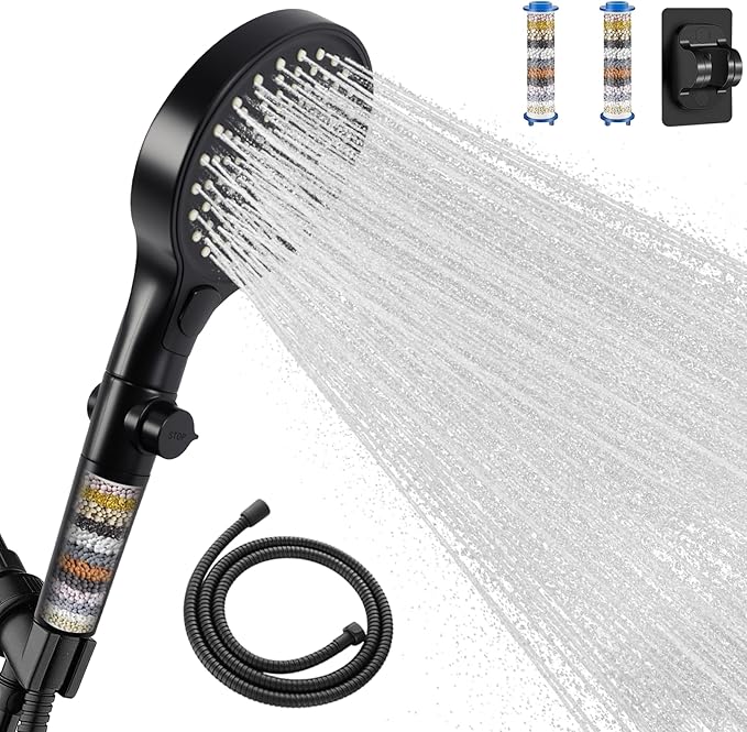 Filtered Handheld Shower Head with Hose and Holder, 5.1" Large High Pressure Shower Wand with 2 Extra Filters, Reinforced Matte Black Showerhead Set for Hard Water, 3 Spray Modes & One-Key Pause