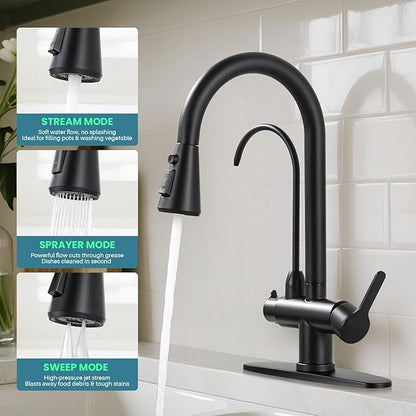 Kitchen Faucet with Water Filter Faucet, Black Stainless Steel Drinking Water Faucet, High Arc 2 Handle Kitchen Sink Faucet with Pull Down Sprayer for Kitchen Sink Farmhouse Bar