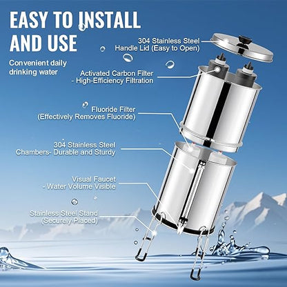 VEVOR Gravity-fed Water Filter System, 2.25G 304 Stainless-Steel Countertop Filtration System, Reduces Lead and up to 99% of Chlorine, with 2 Activated Carbon Filter, 2 Defluorination Filter, Spigot