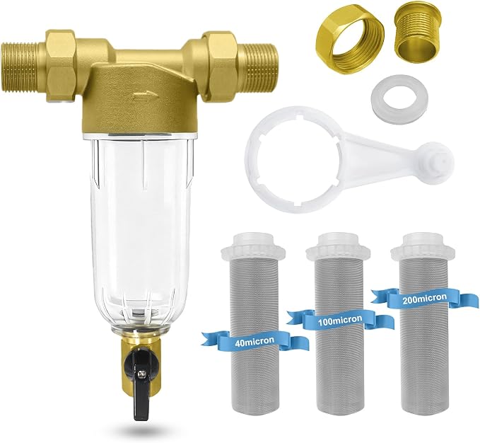 Spin Down Sediment Filter, 40/100/200 Micron Inline Water Filter | For Well Water, Whole House Prefilter Filtration System, Lead-Free Brass, 1" MNPT 3/4" FNPT 3/4" MNPT
