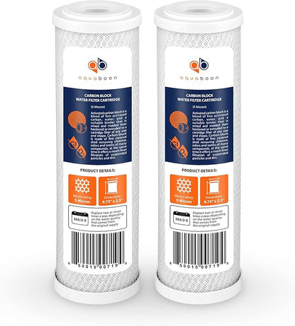 Aquaboon 5 Micron 10 x 2.5 Carbon Block Water Filter Cartridge CTO Whole House Water Filter Replacement Compatible with WHKF-WHWC, FXWTC, 2-PACK