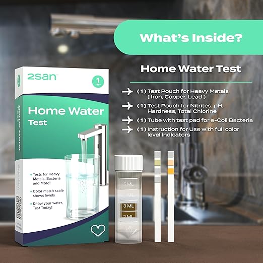 2San Home Water Test, 8-in-1 Water Testing for Bacteria, Lead, Iron, Copper, pH, Chlorine, Hardness, Nitrites, Easy At-Home Use for Tap & Well Water, Fast, Reliable Results Without a Lab