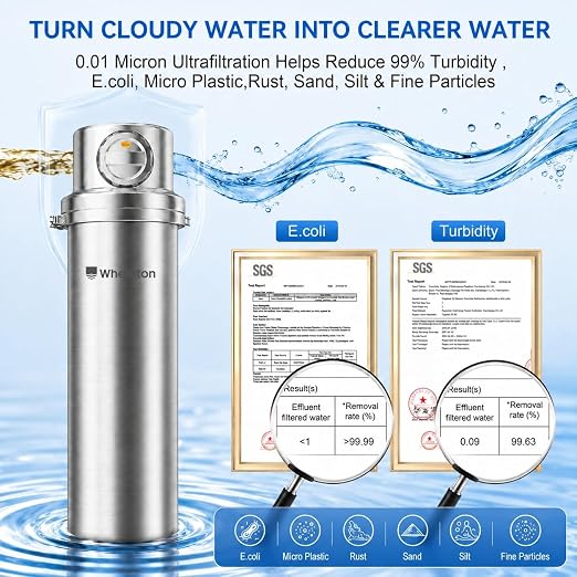 Whole House Water Filter 6-Year Backwash Filtration System Stainless Steel | 880K GL, 6 Year Backwash Filter, 0.01μm UF Filtration, 304 Stainless Steel, High Flow Whole House, for Well/Tap/Lake Water