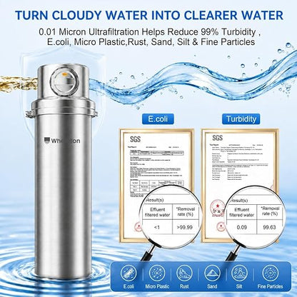 Whole House Water Filter 6-Year Backwash Filtration System Stainless Steel | 880K GL, 6 Year Backwash Filter, 0.01μm UF Filtration, 304 Stainless Steel, High Flow Whole House, for Well/Tap/Lake Water