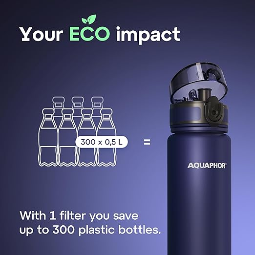 AQUAPHOR City Water Filter Bottle 500 ml | Portable Filtered Water Bottle with Integrated Water Purifier | BPA-Free | Reusable Bottle with Water Filter for Camping, Travel & Outdoor Use | Navy