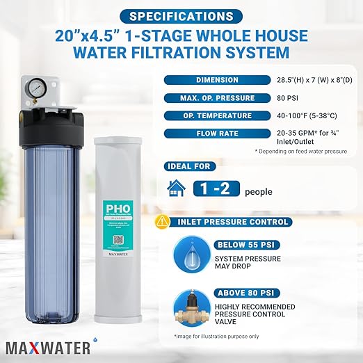 20 x 4.5 Whole House 1 Stage Anti Scale Phosphate Filter System w/ 1" NPTF Port Housing Head Includes Phosphate Filter, Gauge & Bracket BB-20B WH100SP WDS150K CB1-CAB20-BB DB20P