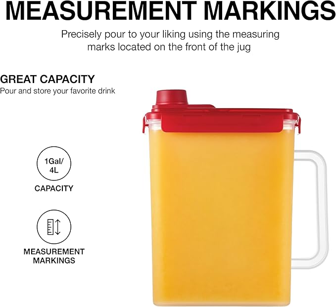 LocknLock Aqua Fridge Door Water Jug | Clear Pitcher | BPA Free Plastic Pitcher with Lid | 1 Gallon Pitcher with Lid for Water, Juice, Tea & More Beverages, Red