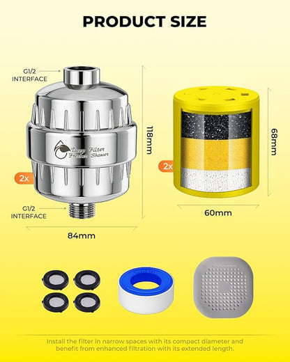Heavy Duty Shower Filter 2 Pack,High Output Shower Water Filter - Shower Head Filter 99% Removal for Hard Water, Chlorine, Fluoride,Heavy Metals and Harmful Substance - Skin & Hair Care Solution