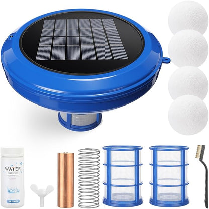 Solar Pool Ionizer & Cleaner: Automatic Floating Water Purifier with Upgraded Copper Ionizer & 4 Scum Absorber Balls, Treats Up to 45, 000 Gallons for Above/In-Ground Pools & Spas