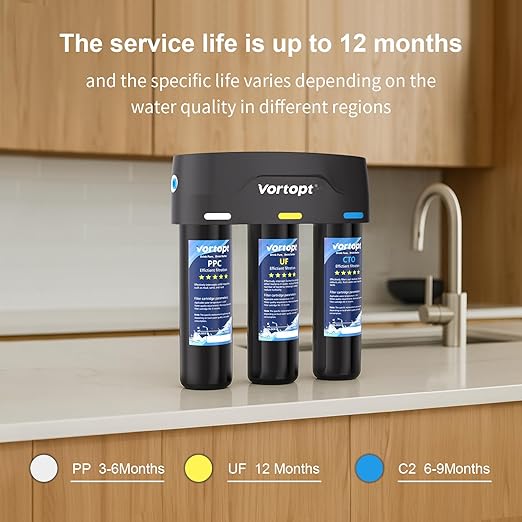 Vortopt F03 Under-Sink & Countertop Filtration,3 Stage Water Filter System with 0.01 Micron UF Membrane,Reduces Chlorine,Sediment,Odor,Retains Minerals,High Flow & Easy Install,NOT for TDS Reduction.