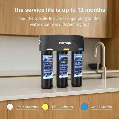 Vortopt F03 Under-Sink & Countertop Filtration,3 Stage Water Filter System with 0.01 Micron UF Membrane,Reduces Chlorine,Sediment,Odor,Retains Minerals,High Flow & Easy Install,NOT for TDS Reduction.