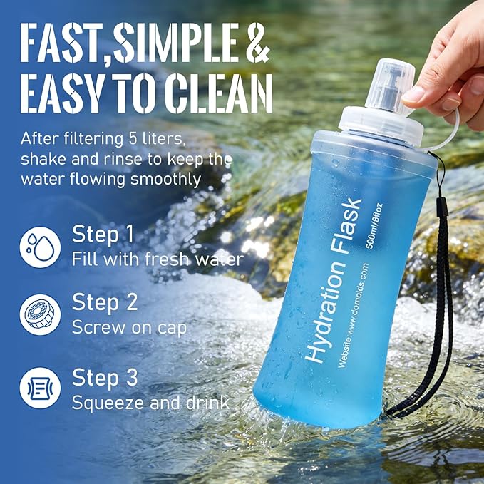 700ML Collapsible Water Bottle with Filter for Hiking, Camping & Travel - TPU Soft Flask, 0.1 Micrometer Hollow Fiber Membrane for Clearer, Better Tasting Outdoor Water(Blue)