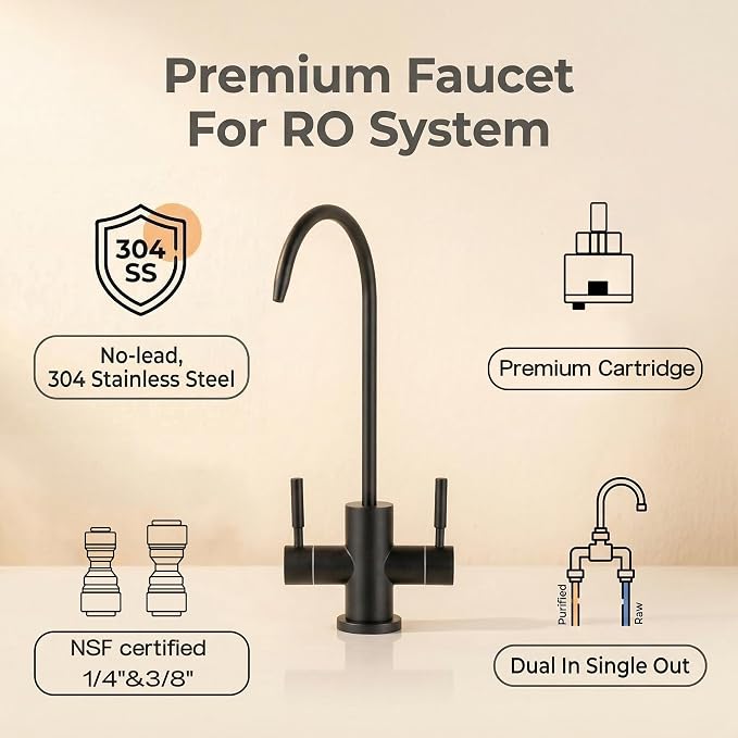 Two Way Drinking Faucet with Two Handles, Water Purifier RO Faucet, Stainless Steel Direct Drinking Kitchen tap for Filters, Sparkling, Cold Water (Matte Black)
