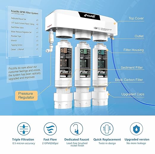 Frizzlife Under Sink Water Filter System, NSF/ANSI 53&42&372 Certified, 8 Layer 0.5 Micron Water Filtration Reduces PFAS, PFOA/PFOS, Chloramine, Lead, Chlorine, with Brushed Nickel Faucet, SP99 New