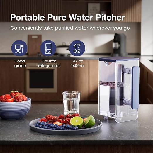 Purewell 4-Stage Alkaline Countertop Reverse Osmosis Water Filter System | Portable Water Pitcher, 3.5:1 Pure-to-Drain Ratio, Alkaline Filter, pH 8-9, No Installation Required, C01, for Home Use