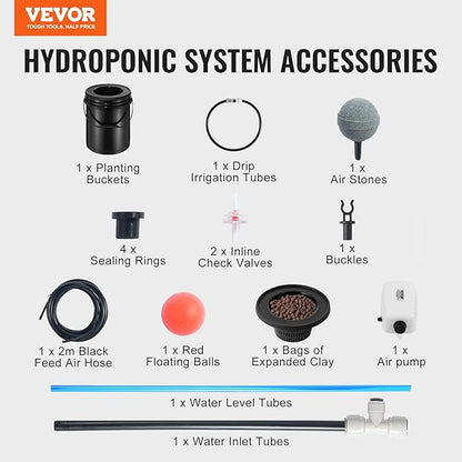 VEVOR DWC Hydroponics Grow System, Hydroponic Growing System with Top Drip Kit, 5-Gallon Deep Water Culture with Air Pump, Air Stone and Water Level Device for Leafy Vegetables(1 Bucket+Top Drip Kit)
