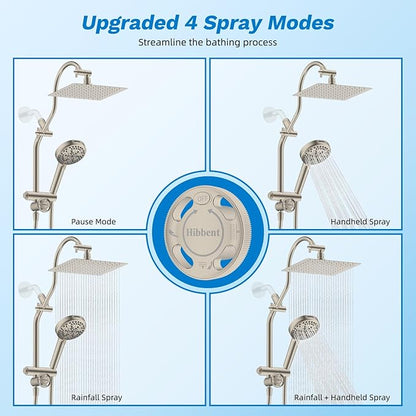 Hibbent cUPC Certified All Metal 8" Rainfall Showerhead Combo, High Pressure Shower Head with 10-Spray Handheld, Innovative 4-way Diverter with Pause Mode, 71'' Shower Hose & Holder, Brushed Nickel