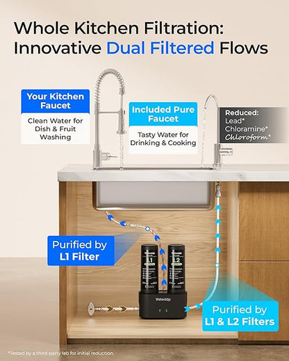 Waterdrop DLG-L Under Sink Water Filter, Reduces Chlorine Lead Chloramine Bad Taste, 2 Stage Under Sink Water Filtration System with Separate Faucet, Life Indicator, Innovative Dual Filtered Flows