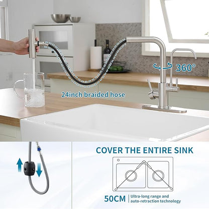 Kitchen Faucets with Water Filter and Pull Down Sprayer,Waterfall Kitchen Sink Faucet,Two Handle Sink Faucet with Pull Down Sprayer for 3 Function,Without Water Filtration Device,Brushed