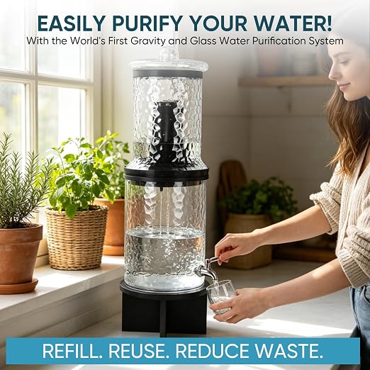 3 Gallon All Glass Gravity-Fed Water Purifier, Countertop Water Filtration System with Wooden Stand, for Home, Emergency & Outdoor Survival