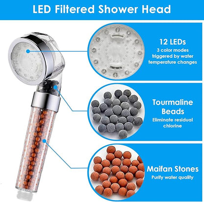Vacto Temperature Controlled 3-color Changing Shower Head Kit, Water Saving Showerheads with Filtration Beads, LED High Pressure Handheld Shower Head Set with Hose and Bracket