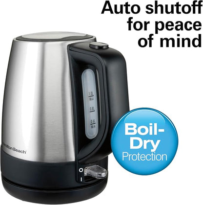 Hamilton Beach 1 Liter Electric Tea Kettle, Water Boiler & Heater | Fast Boiling 1500 Watts | BPA Free | Cordless Serving | Auto-Shutoff & Boil-Dry Protection | Mesh Filter | Stainless Steel