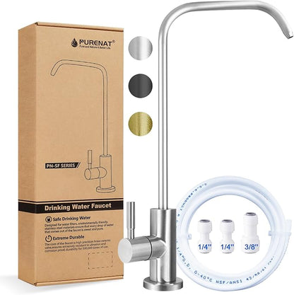 Drinking Water Faucet - Long Thread Stem Filtered Water Tap for Thick Countertop,Lead-Free RO Faucet with Hose and Push Connect Fittings(Brushed Stainless - "7" Shape)