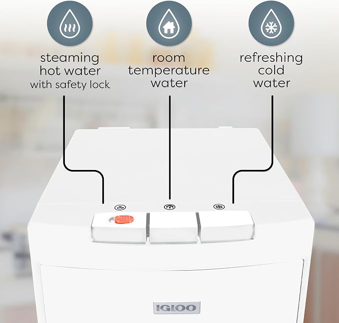 Igloo Bottom-Loading Water Dispenser – Water Cooler Dispenser with Hot & Cold Temperature Settings- Electric Water Dispenser Fits 3- & 5-Gallon Jugs with Child Safety Lock for Home & Office Use– White