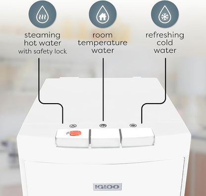 Igloo Bottom-Loading Water Dispenser – Water Cooler Dispenser with Hot & Cold Temperature Settings- Electric Water Dispenser Fits 3- & 5-Gallon Jugs with Child Safety Lock for Home & Office Use– White